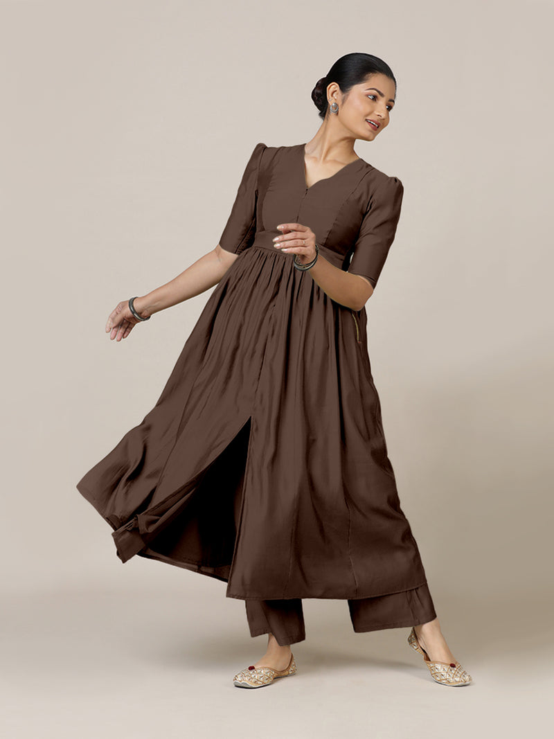 Faiza x Rozaana | A Line Kurta in Walnut Brown with Thread Work | Coords or Only Kurta-Binks