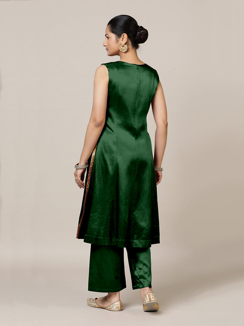 Gulnaaz x Tyohaar | Emerald Green Mashru Silk Panelled Kurta with Crushed Golden Gota Detailing | Coords or Only Kurta-Binks