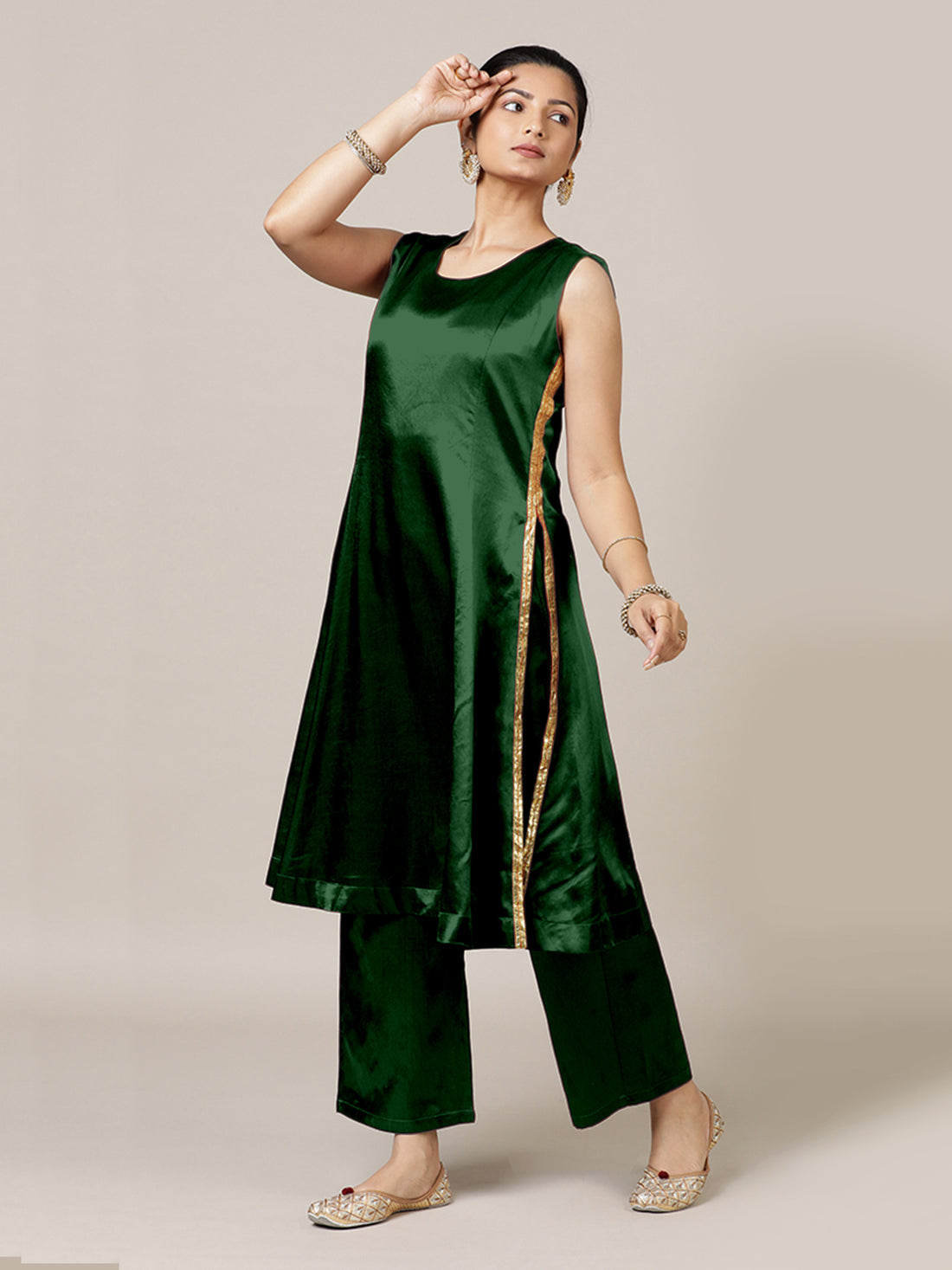 Gulnaaz x Tyohaar Kurta, in Green Vegan Silk, featuring sleeveless and round neckline, made for party & festive (view 8).