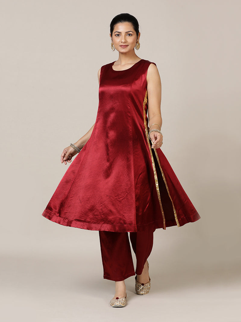 Gulnaaz x Tyohaar | Garnet Wine Red Mashru Silk Panelled Kurta with Crushed Golden Gota Detailing | Coords or Only Kurta-Binks