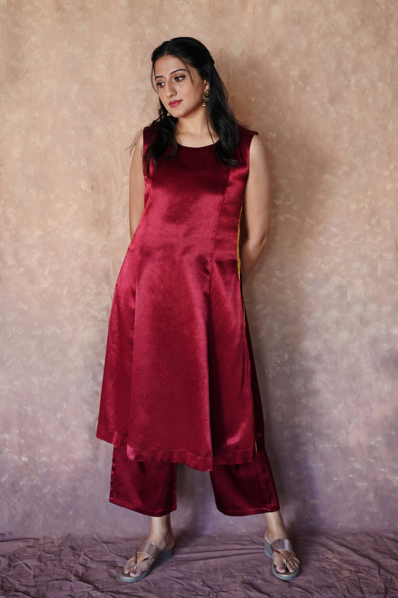 Gulnaaz x Tyohaar | Garnet Wine Red Mashru Silk Panelled Kurta with Crushed Golden Gota Detailing | Coords or Only Kurta-Binks