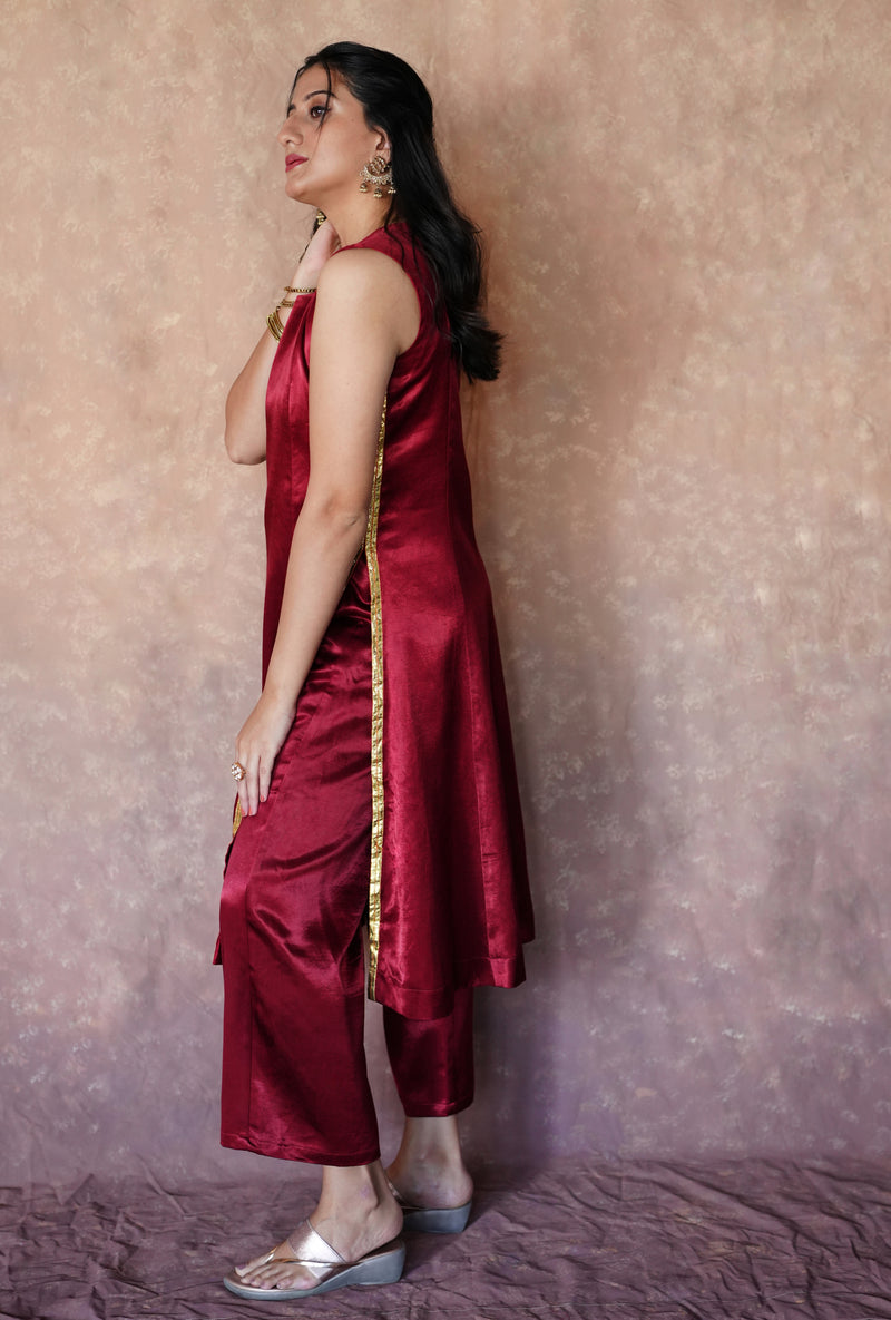 Gulnaaz x Tyohaar | Garnet Wine Red Mashru Silk Panelled Kurta with Crushed Golden Gota Detailing | Coords or Only Kurta-Binks