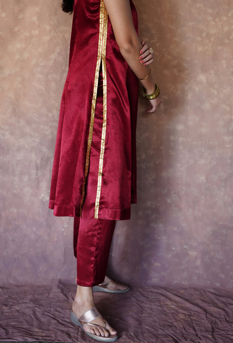 Gulnaaz x Tyohaar | Garnet Wine Red Mashru Silk Panelled Kurta with Crushed Golden Gota Detailing | Coords or Only Kurta-Binks