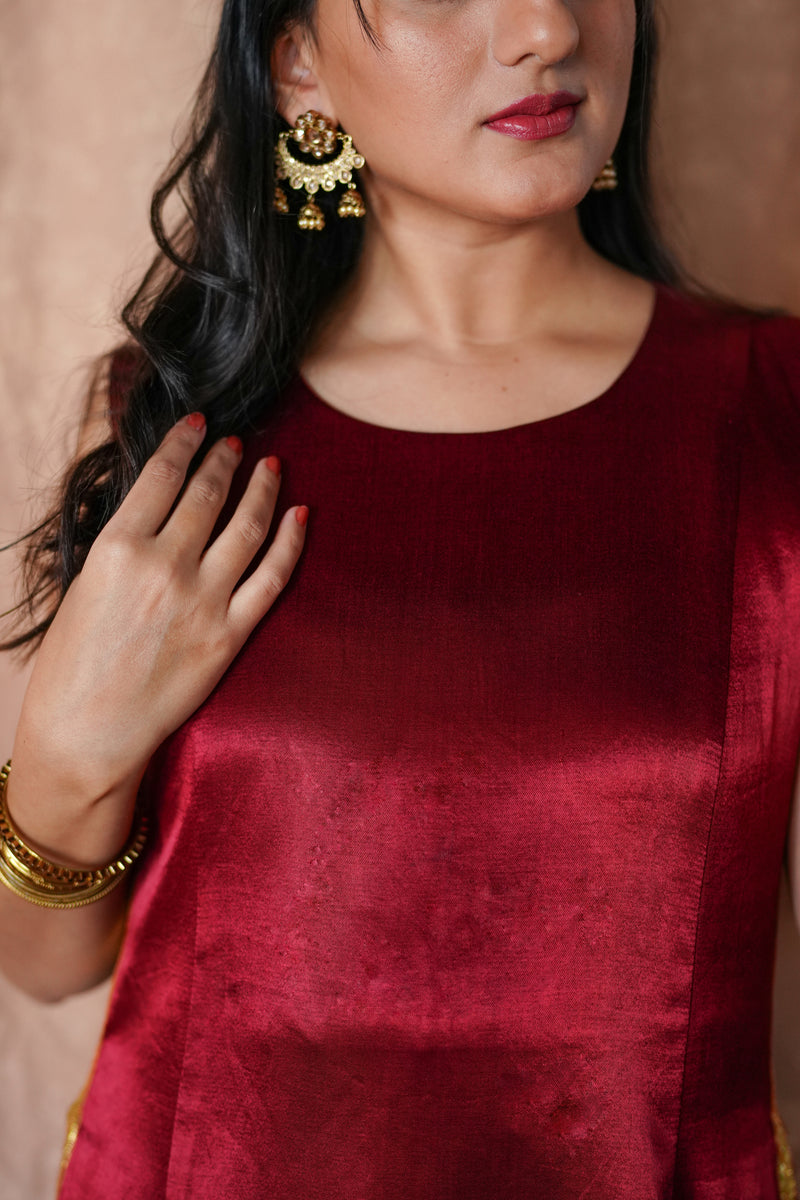 Gulnaaz x Tyohaar | Garnet Wine Red Mashru Silk Panelled Kurta with Crushed Golden Gota Detailing | Coords or Only Kurta-Binks