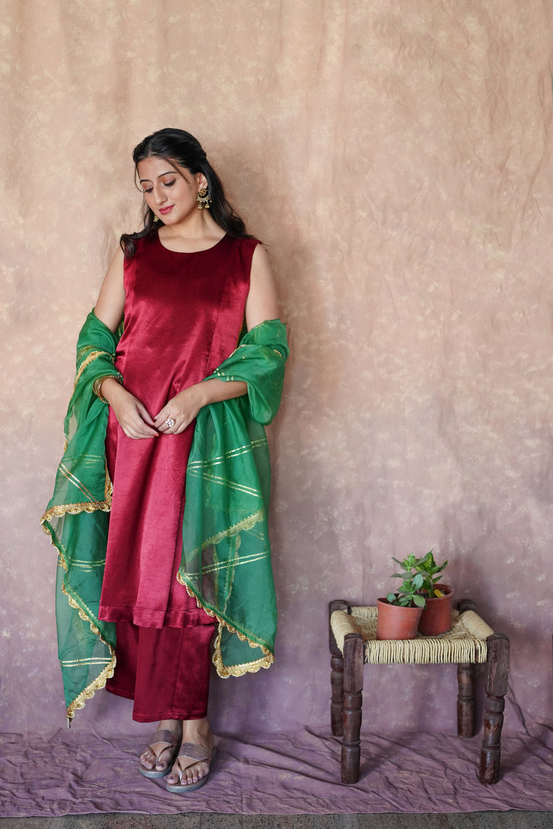 Gulnaaz x Tyohaar | Garnet Wine Red Mashru Silk Panelled Kurta with Crushed Golden Gota Detailing | Coords or Only Kurta-Binks