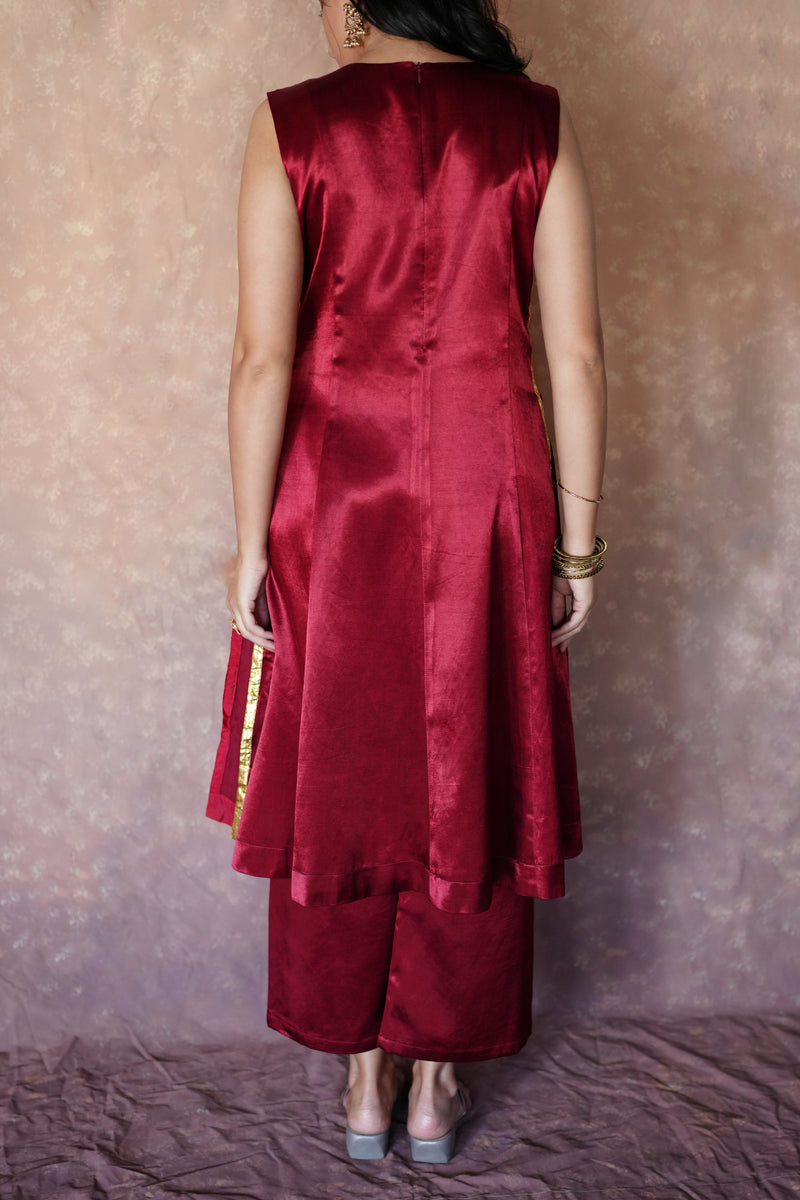 Gulnaaz x Tyohaar | Garnet Wine Red Mashru Silk Panelled Kurta with Crushed Golden Gota Detailing | Coords or Only Kurta-Binks