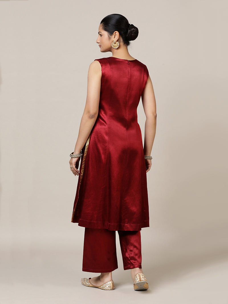 Gulnaaz x Tyohaar | Garnet Wine Red Mashru Silk Panelled Kurta with Crushed Golden Gota Detailing | Coords or Only Kurta-Binks