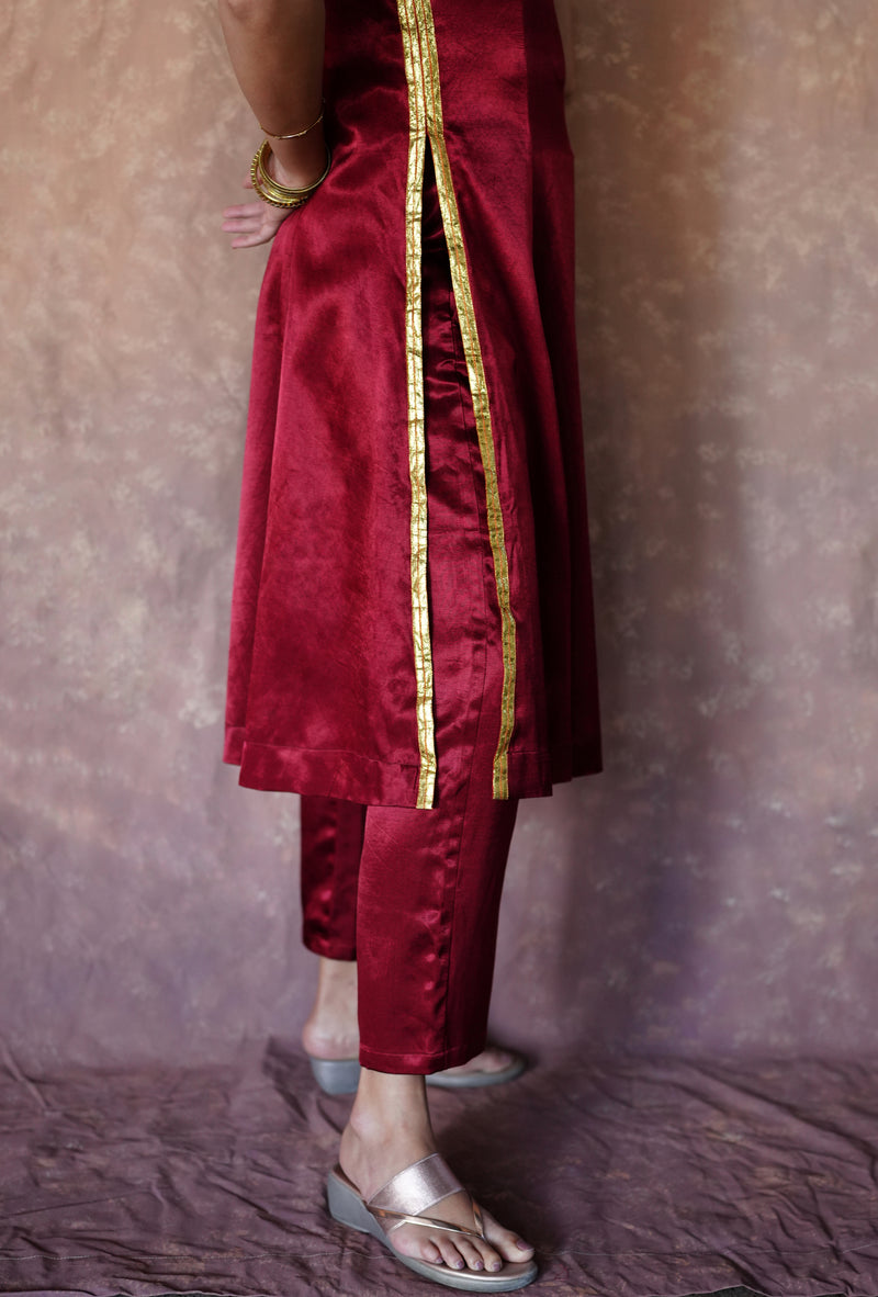 Gulnaaz x Tyohaar | Garnet Wine Red Mashru Silk Panelled Kurta with Crushed Golden Gota Detailing | Coords or Only Kurta-Binks