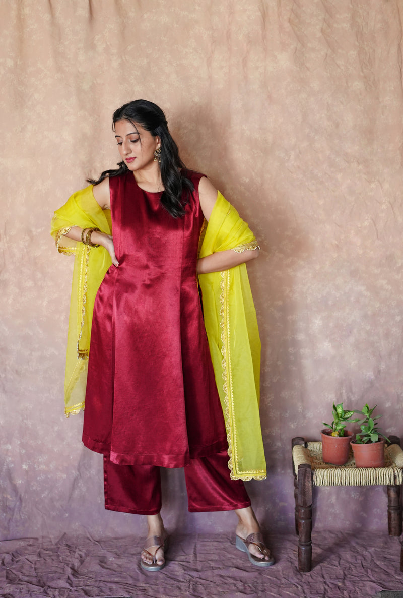 Gulnaaz x Tyohaar | Garnet Wine Red Mashru Silk Panelled Kurta with Crushed Golden Gota Detailing | Coords or Only Kurta-Binks
