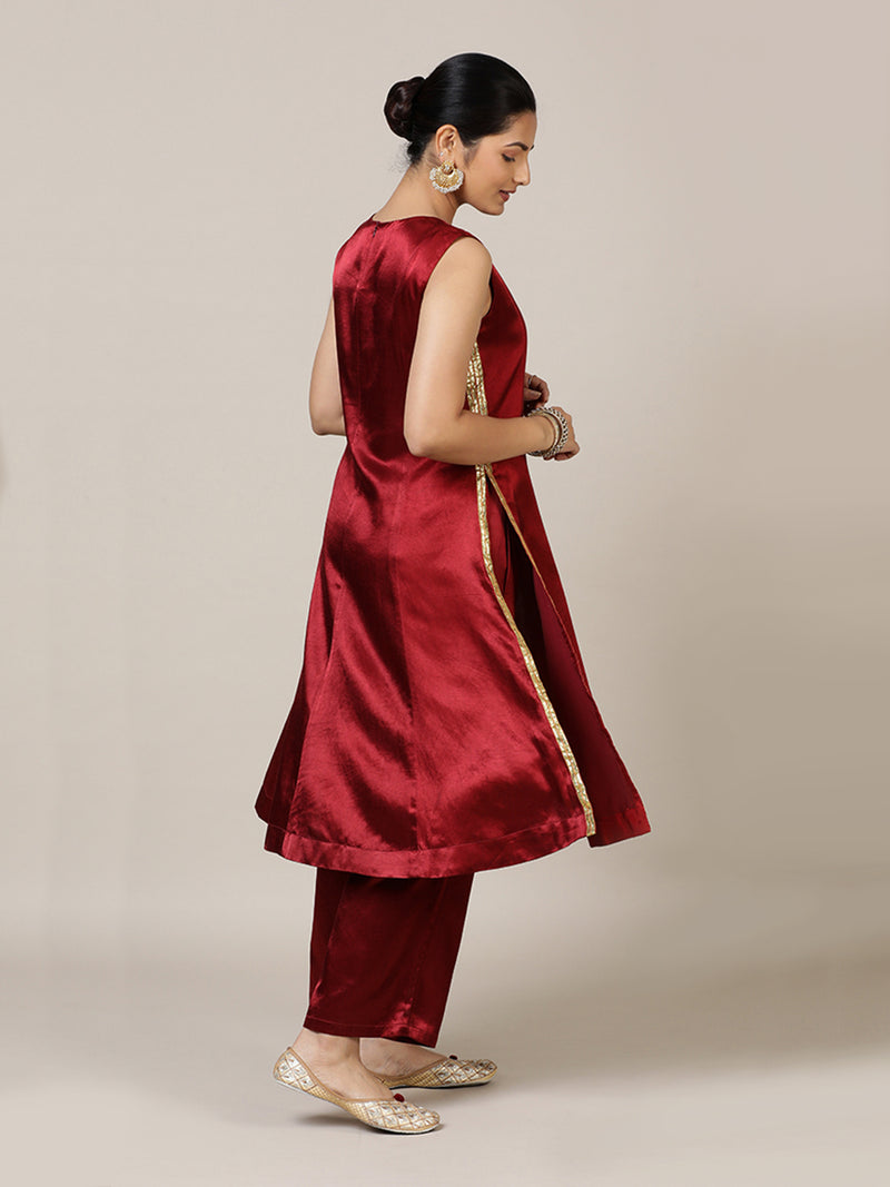 Gulnaaz x Tyohaar | Garnet Wine Red Mashru Silk Panelled Kurta with Crushed Golden Gota Detailing | Coords or Only Kurta-Binks