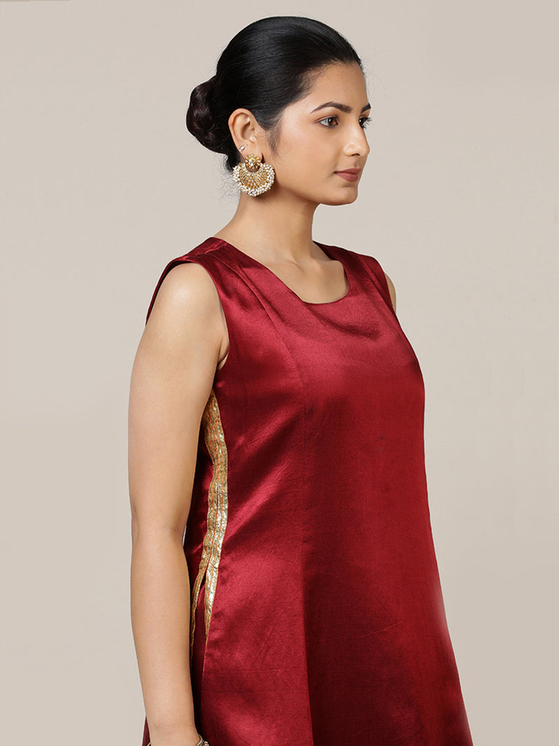 Gulnaaz x Tyohaar | Garnet Wine Red Mashru Silk Panelled Kurta with Crushed Golden Gota Detailing | Coords or Only Kurta-Binks