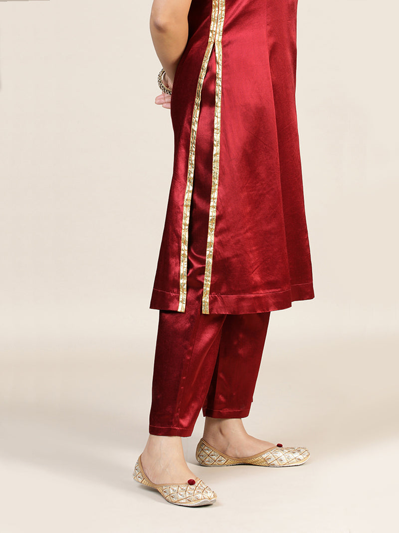 Gulnaaz x Tyohaar | Garnet Wine Red Mashru Silk Panelled Kurta with Crushed Golden Gota Detailing | Coords or Only Kurta-Binks