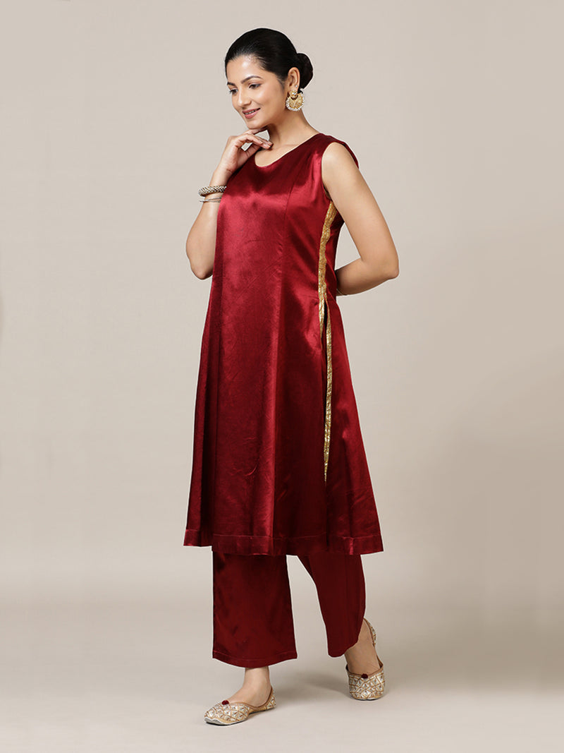 Gulnaaz x Tyohaar | Garnet Wine Red Mashru Silk Panelled Kurta with Crushed Golden Gota Detailing | Coords or Only Kurta-Binks