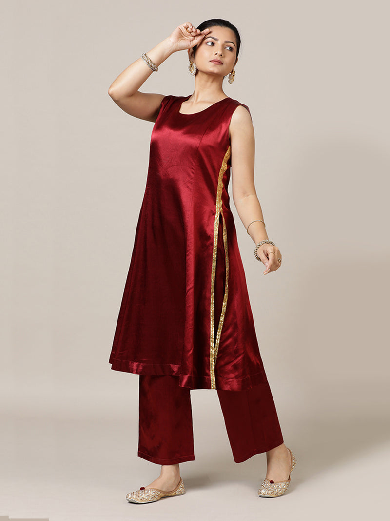 Gulnaaz x Tyohaar | Garnet Wine Red Mashru Silk Panelled Kurta with Crushed Golden Gota Detailing | Coords or Only Kurta-Binks