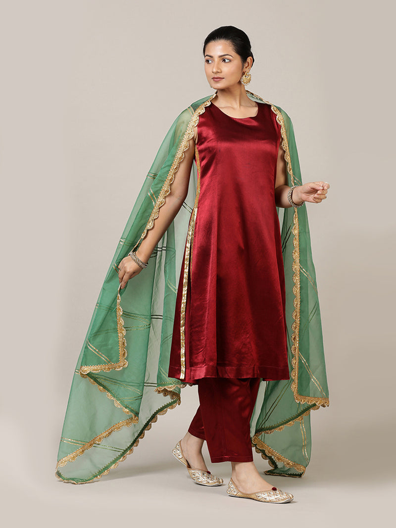 Gulnaaz x Tyohaar | Garnet Wine Red Mashru Silk Panelled Kurta with Crushed Golden Gota Detailing | Coords or Only Kurta-Binks