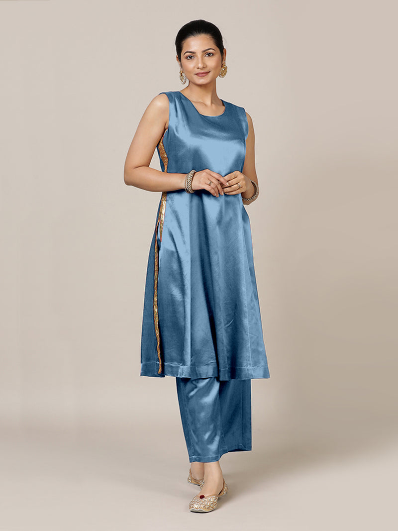 Gulnaaz x Tyohaar | Ice Blue Mashru Silk Panelled Kurta with Crushed Golden Gota Detailing | Coords or Only Kurta-Binks