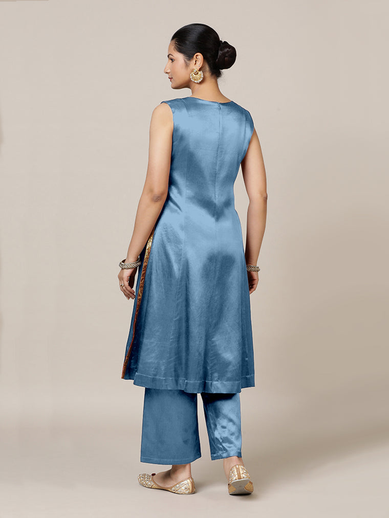 Gulnaaz x Tyohaar Kurta, in Blue Vegan Silk, featuring sleeveless and round neckline, made for party & festive (view 2).