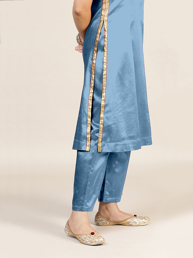 Gulnaaz x Tyohaar | Ice Blue Mashru Silk Panelled Kurta with Crushed Golden Gota Detailing | Coords or Only Kurta-Binks