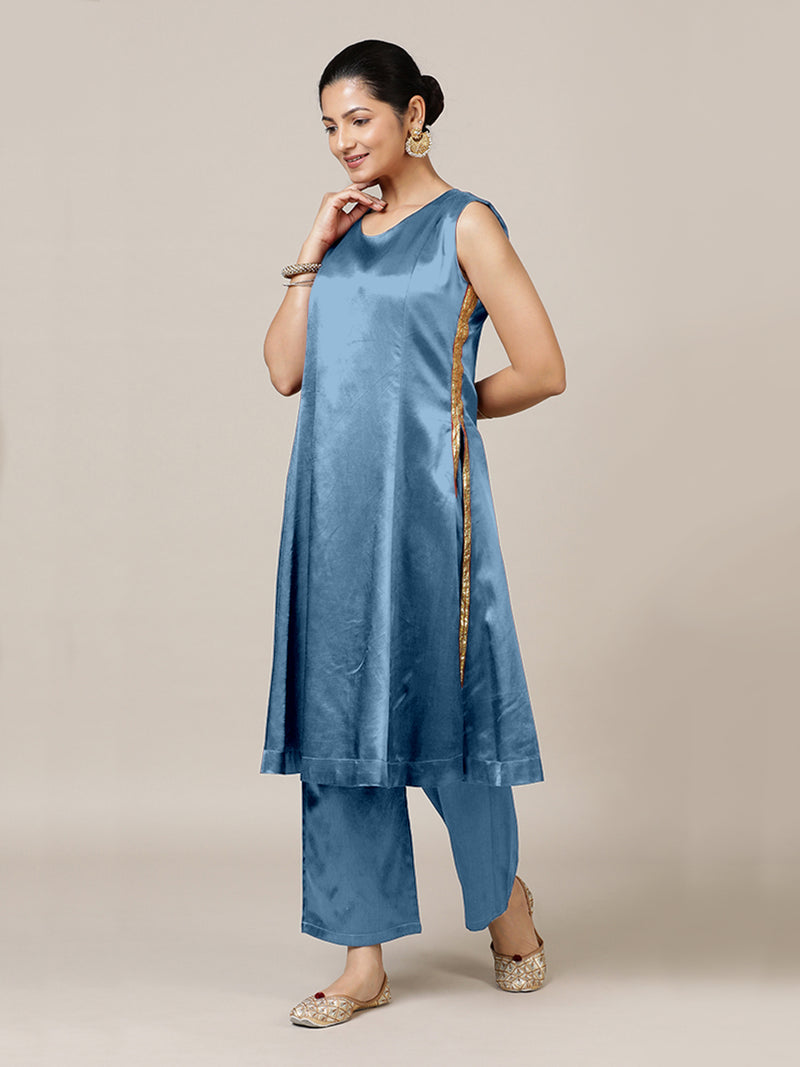 Gulnaaz x Tyohaar | Ice Blue Mashru Silk Panelled Kurta with Crushed Golden Gota Detailing | Coords or Only Kurta-Binks