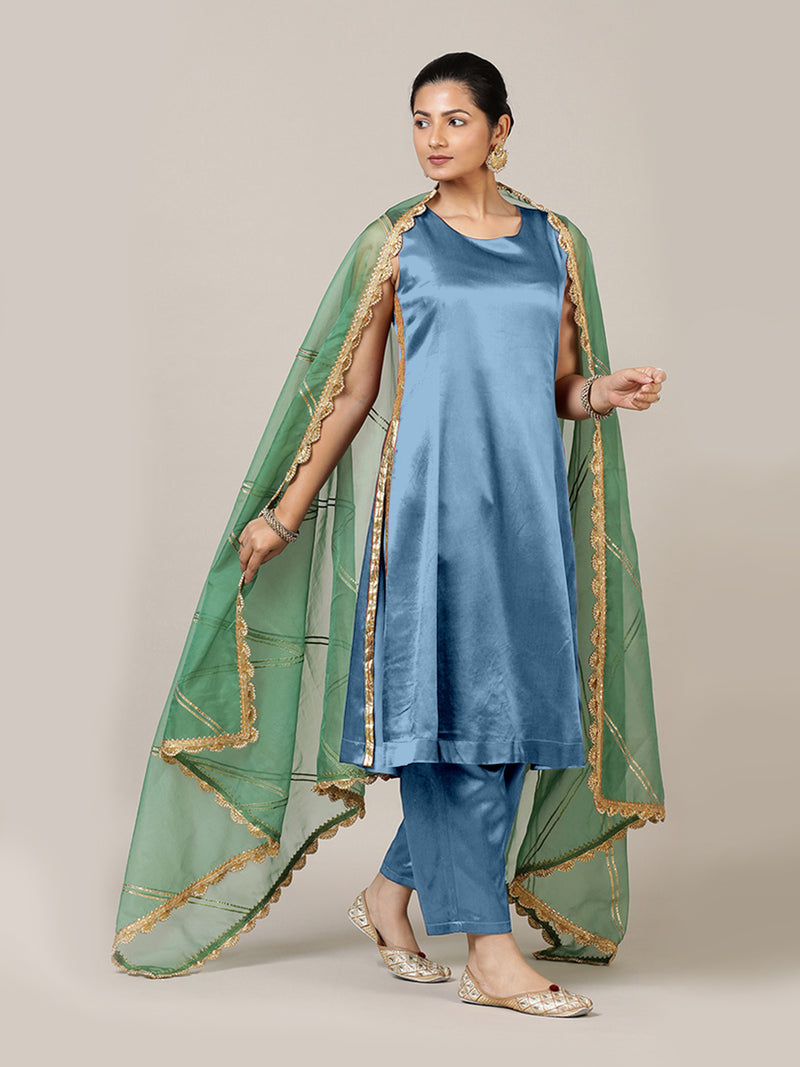 Gulnaaz x Tyohaar | Ice Blue Mashru Silk Panelled Kurta with Crushed Golden Gota Detailing | Coords or Only Kurta-Binks