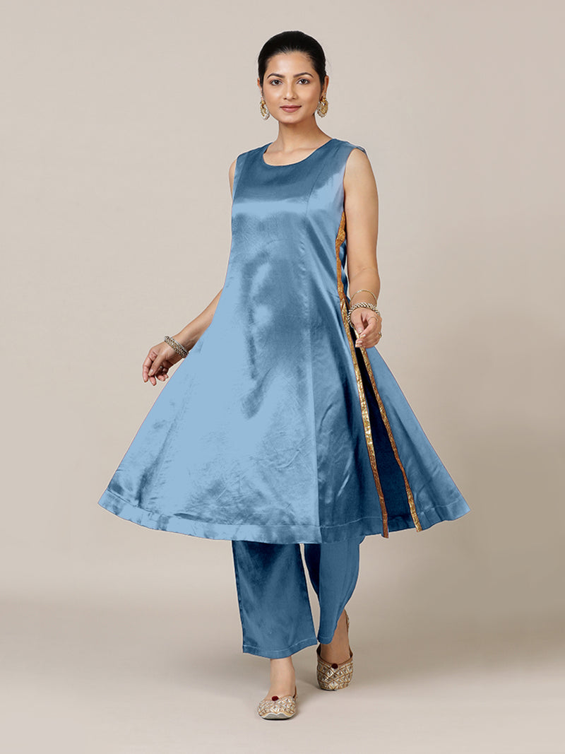 Gulnaaz x Tyohaar | Ice Blue Mashru Silk Panelled Kurta with Crushed Golden Gota Detailing | Coords or Only Kurta-Binks