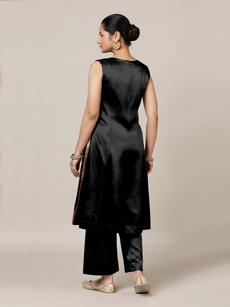 Gulnaaz x Tyohaar Kurta, in Black Vegan Silk, featuring sleeveless and round neckline, made for party & festive (view 2).
