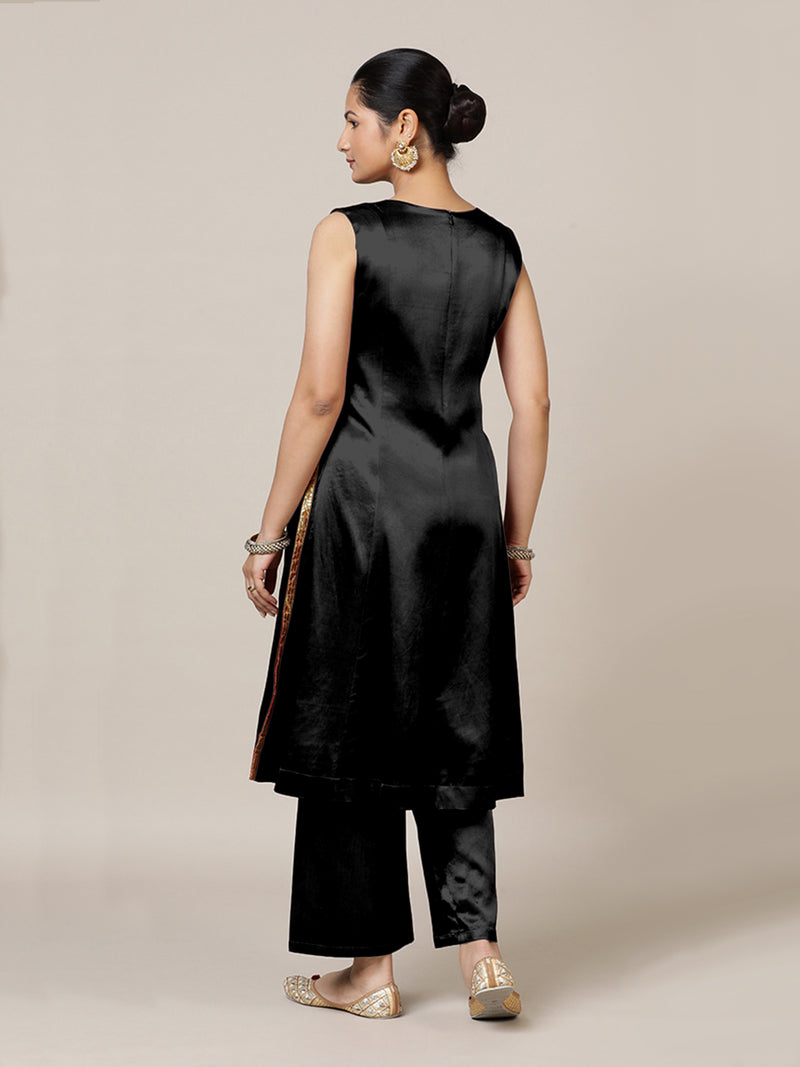 Gulnaaz x Tyohaar | Ink Black Mashru Silk Panelled Kurta with Crushed Golden Gota Detailing | Coords or Only Kurta-Binks