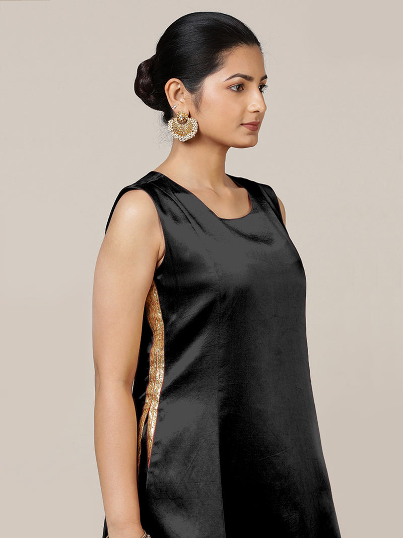 Gulnaaz x Tyohaar | Ink Black Mashru Silk Panelled Kurta with Crushed Golden Gota Detailing | Coords or Only Kurta-Binks