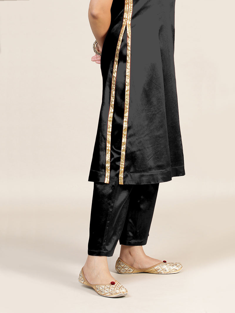 Gulnaaz x Tyohaar | Ink Black Mashru Silk Panelled Kurta with Crushed Golden Gota Detailing | Coords or Only Kurta-Binks