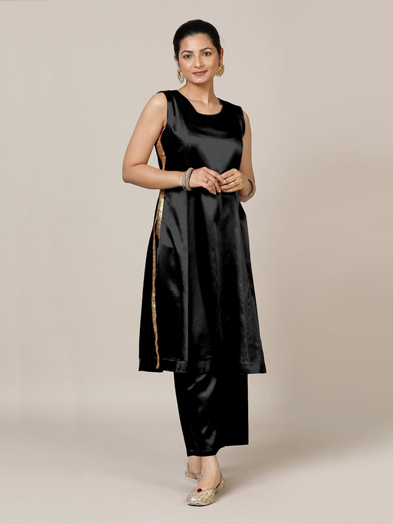 Gulnaaz x Tyohaar | Ink Black Mashru Silk Panelled Kurta with Crushed Golden Gota Detailing | Coords or Only Kurta-Binks