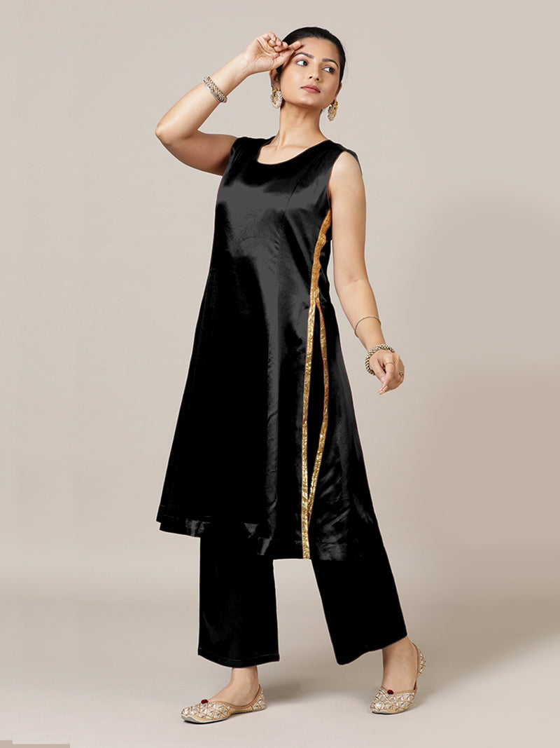 Gulnaaz x Tyohaar | Ink Black Mashru Silk Panelled Kurta with Crushed Golden Gota Detailing | Coords or Only Kurta-Binks