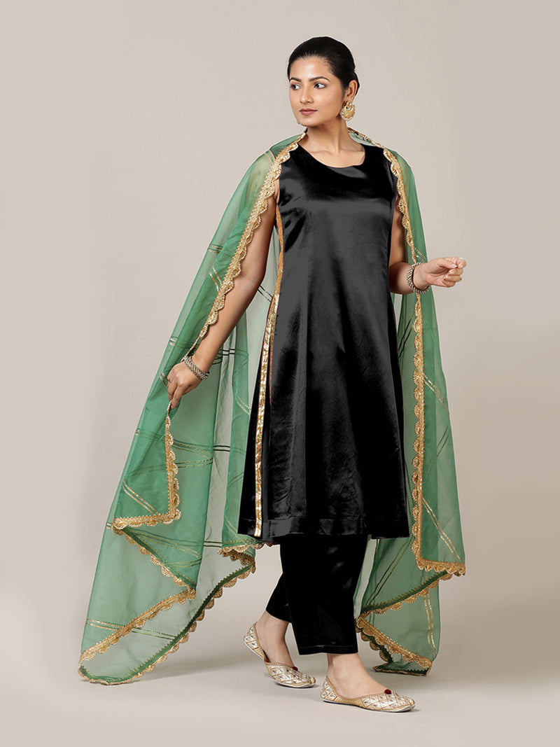 Gulnaaz x Tyohaar | Ink Black Mashru Silk Panelled Kurta with Crushed Golden Gota Detailing | Coords or Only Kurta-Binks