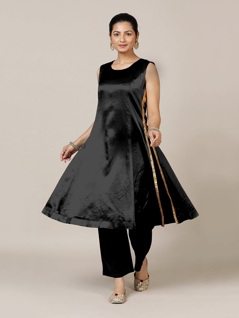 Gulnaaz x Tyohaar | Ink Black Mashru Silk Panelled Kurta with Crushed Golden Gota Detailing | Coords or Only Kurta-Binks