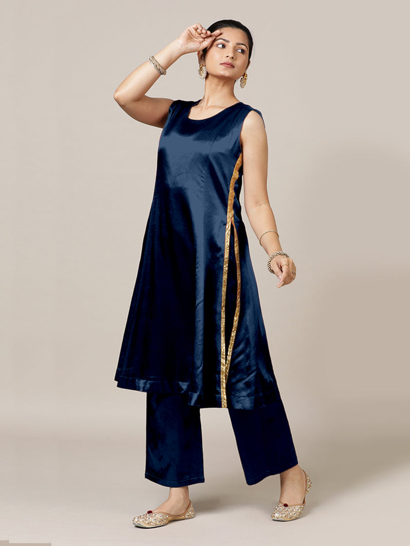 Gulnaaz x Tyohaar | Midnight Blue Mashru Silk Panelled Kurta with Crushed Golden Gota Detailing | Coords or Only Kurta-Binks