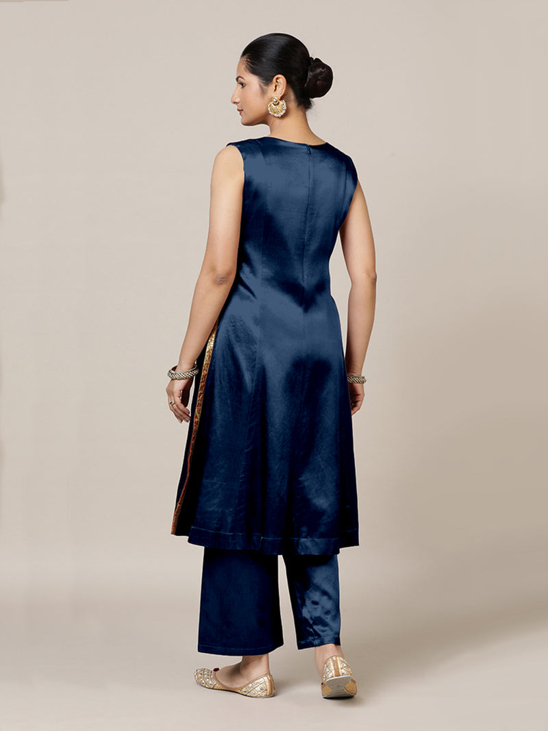 Gulnaaz x Tyohaar | Midnight Blue Mashru Silk Panelled Kurta with Crushed Golden Gota Detailing | Coords or Only Kurta-Binks