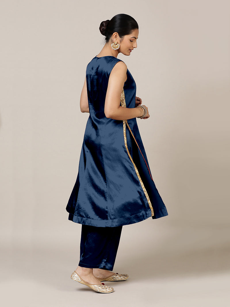 Gulnaaz x Tyohaar | Midnight Blue Mashru Silk Panelled Kurta with Crushed Golden Gota Detailing | Coords or Only Kurta-Binks