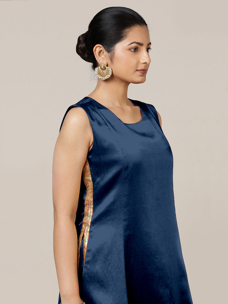 Gulnaaz x Tyohaar | Midnight Blue Mashru Silk Panelled Kurta with Crushed Golden Gota Detailing | Coords or Only Kurta-Binks