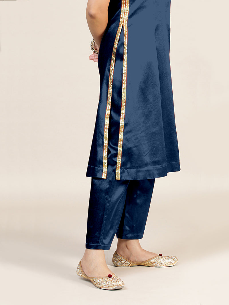 Gulnaaz x Tyohaar | Midnight Blue Mashru Silk Panelled Kurta with Crushed Golden Gota Detailing | Coords or Only Kurta-Binks