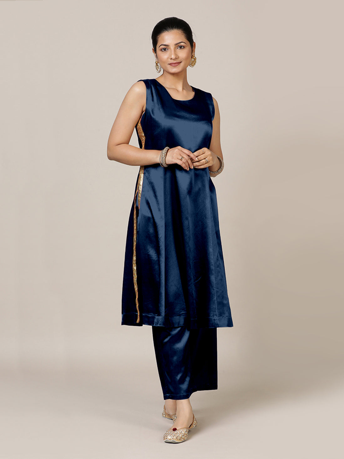 Gulnaaz x Tyohaar Kurta, in Blue Vegan Silk, featuring sleeveless and round neckline, made for party & festive (view 6).