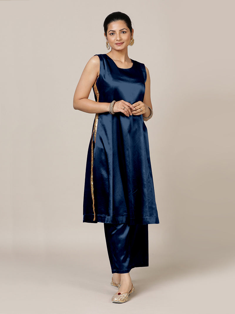 Gulnaaz x Tyohaar | Midnight Blue Mashru Silk Panelled Kurta with Crushed Golden Gota Detailing | Coords or Only Kurta-Binks