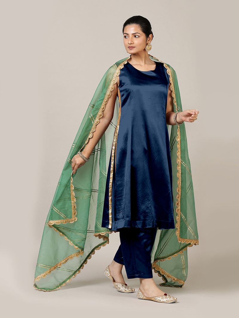 Gulnaaz x Tyohaar | Midnight Blue Mashru Silk Panelled Kurta with Crushed Golden Gota Detailing | Coords or Only Kurta-Binks