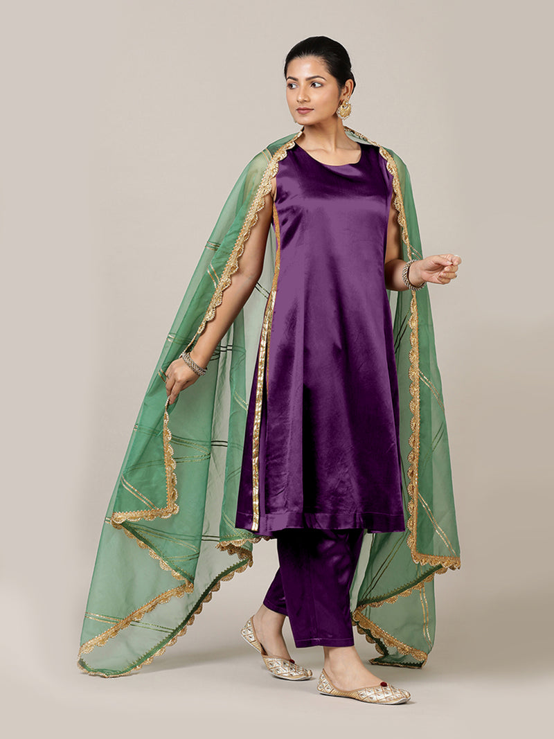Gulnaaz x Tyohaar | Moonlight Purple Mashru Silk Panelled Kurta with Crushed Golden Gota Detailing | Coords or Only Kurta-Binks