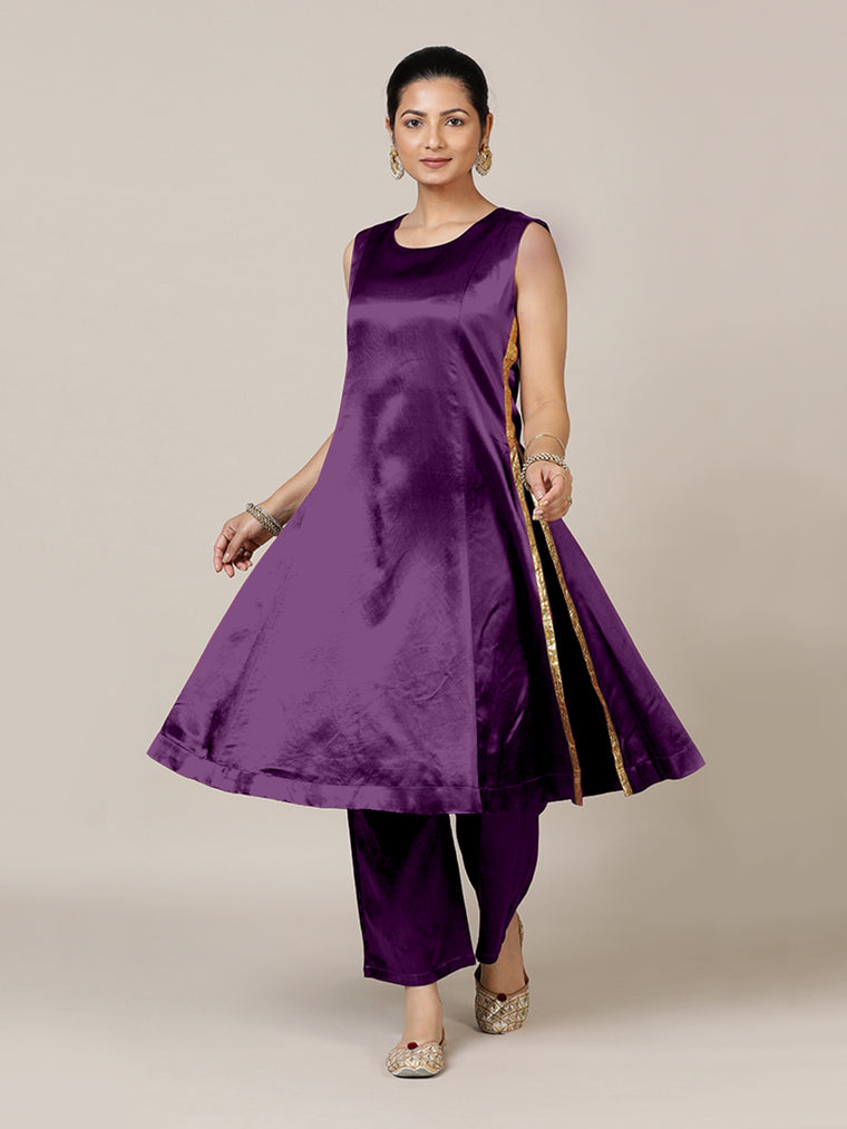Gulnaaz x Tyohaar Kurta, in Purple Vegan Silk, featuring sleeveless and round neckline, made for party & festive (view 2).