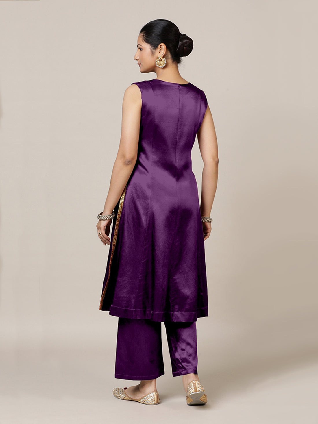 Gulnaaz x Tyohaar Kurta, in Purple Vegan Silk, featuring sleeveless and round neckline, made for party & festive (view 3).