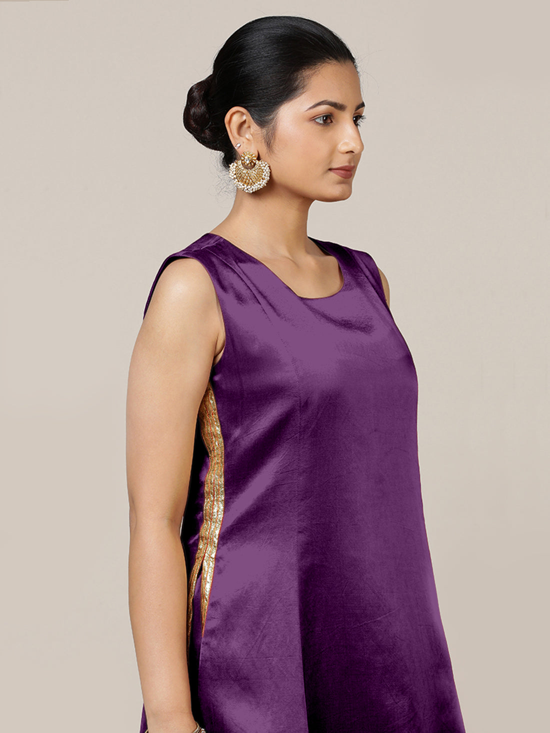 Gulnaaz x Tyohaar Kurta, in Purple Vegan Silk, featuring sleeveless and round neckline, made for party & festive (view 5).