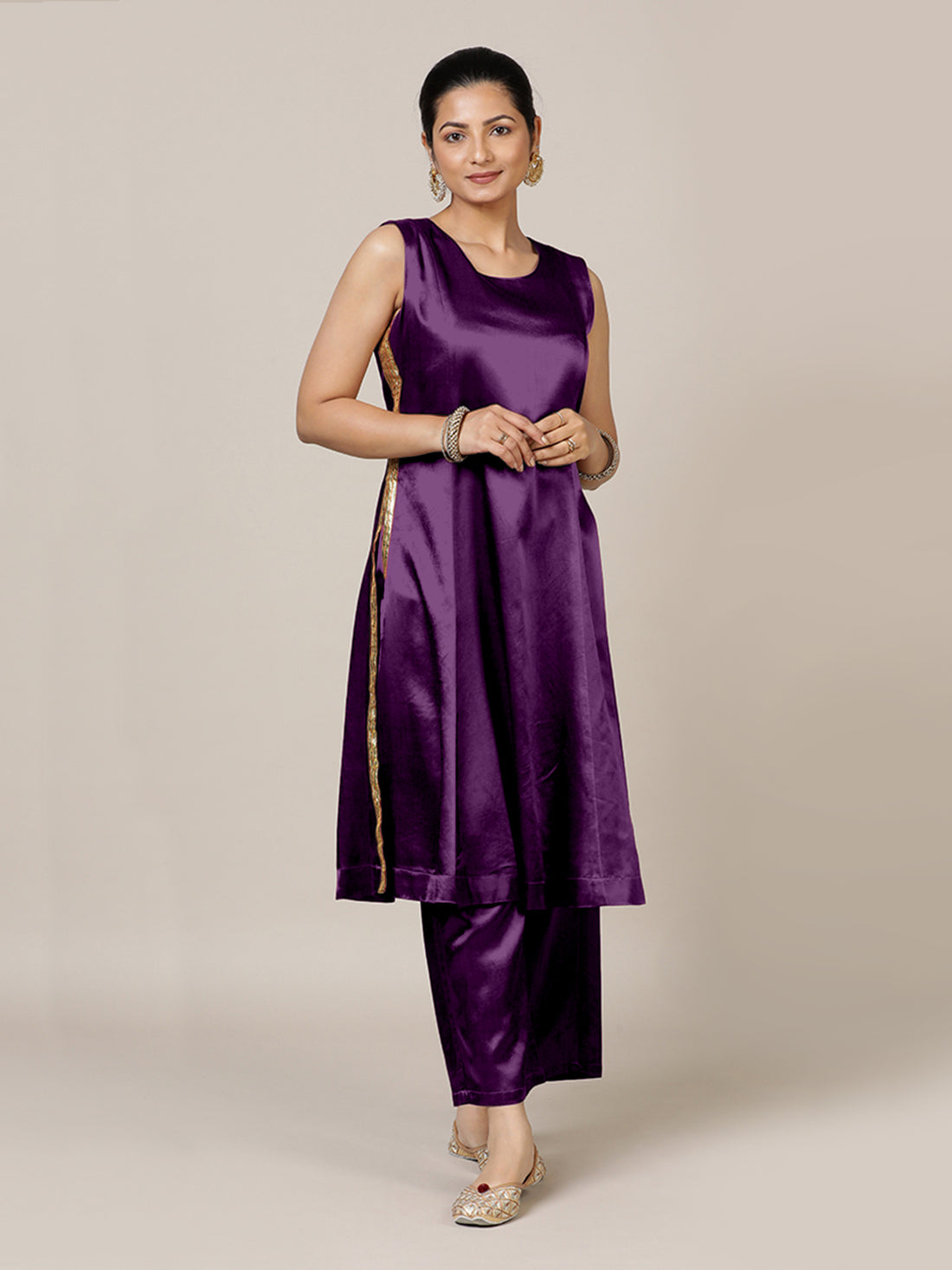 Gulnaaz x Tyohaar Kurta, in Purple Vegan Silk, featuring sleeveless and round neckline, made for party & festive (view 7).
