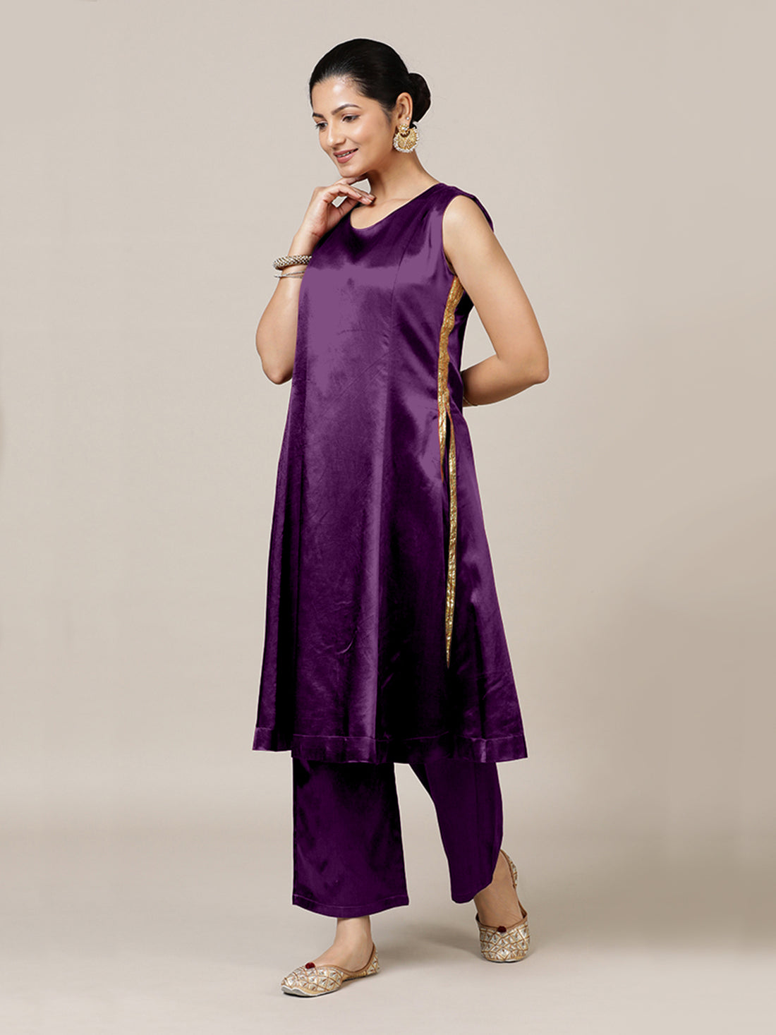 Gulnaaz x Tyohaar Kurta, in Purple Vegan Silk, featuring sleeveless and round neckline, made for party & festive (view 8).