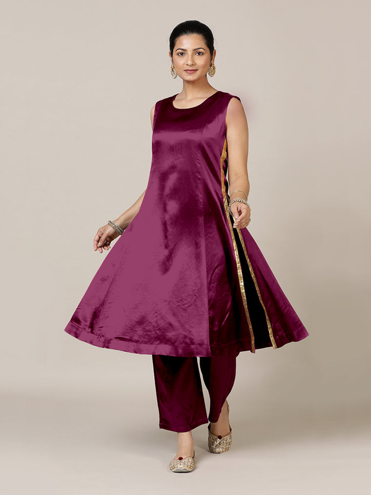 Gulnaaz x Tyohaar Kurta, in Red Vegan Silk, featuring sleeveless and round neckline, made for party & festive (view 2).