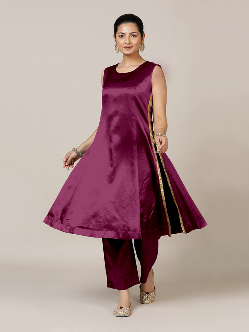 Gulnaaz x Tyohaar | Mulberry Red Mashru Silk Panelled Kurta with Crushed Golden Gota Detailing | Coords or Only Kurta-Binks