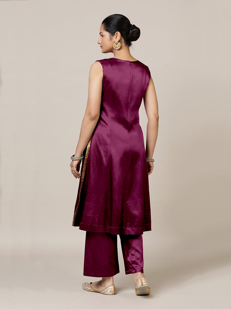 Gulnaaz x Tyohaar | Mulberry Red Mashru Silk Panelled Kurta with Crushed Golden Gota Detailing | Coords or Only Kurta-Binks